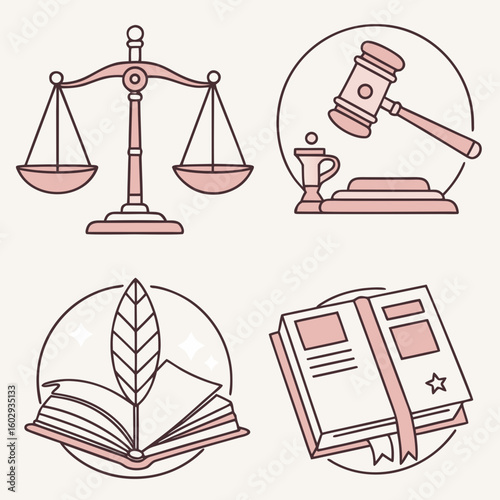 Legal Icons Scales of Justice Gavel Feather Pen Open Book.