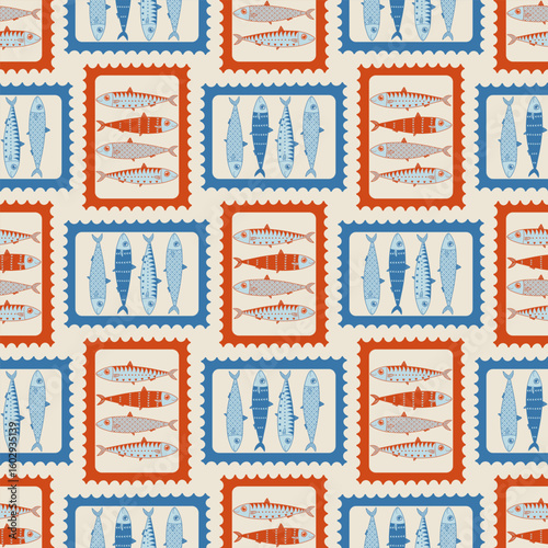 Vector hand-drawn seamless pattern with sardines. Perfect for wrapping paper, packaging, fabric, and textile design. Mediterranean summer-inspired background.