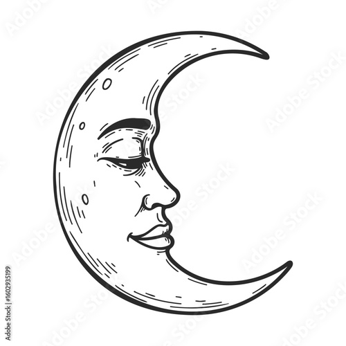 Vintage crescent moon with human face illustration in black and white – stock vector icon in line style
