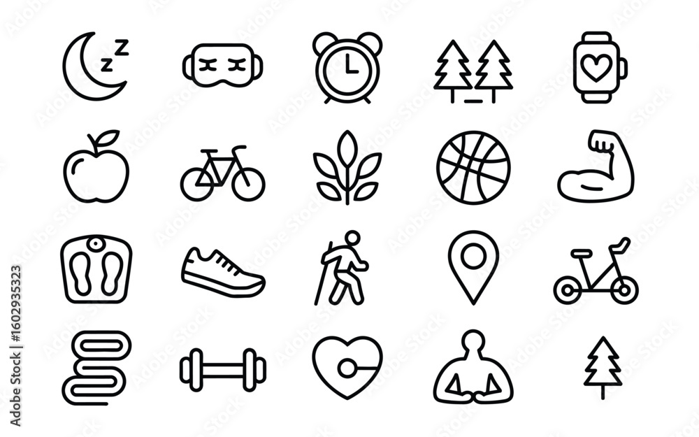 Fototapeta premium Health and Fitness Lifestyle Line Art Vector Icon Set - Sleep, Healthy Food, Exercise, Nature, Cycling, Weight Loss, Hiking, and Wellness Activities