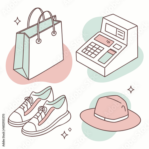 Shopping Bag Cash Register Sneakers and Hat.