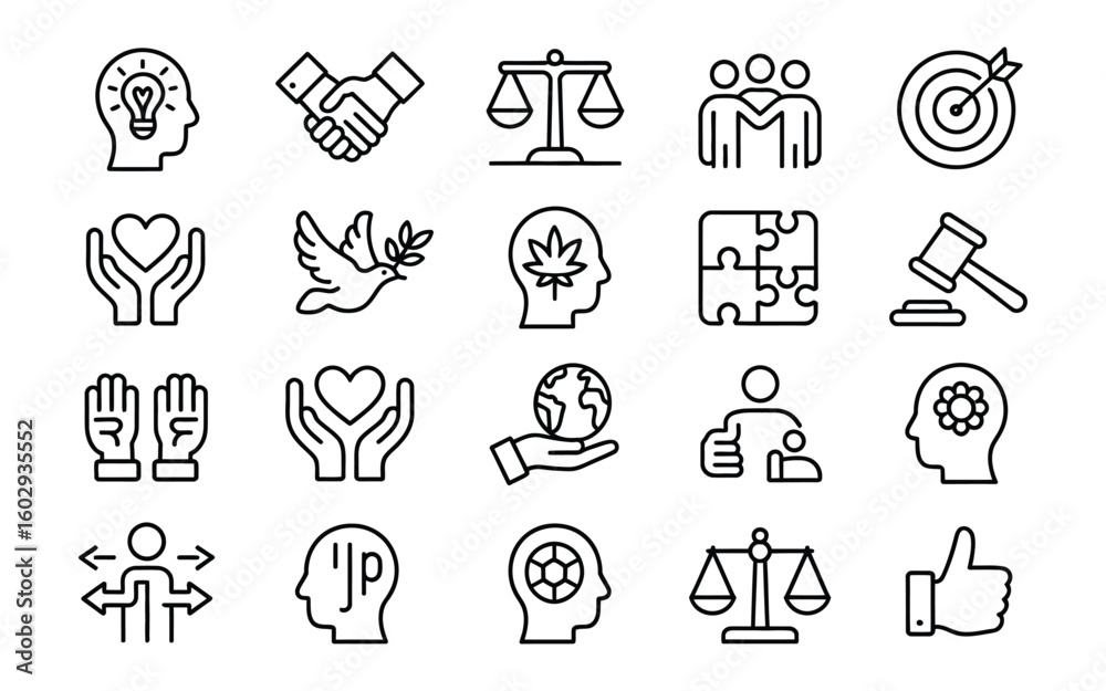 Fototapeta premium Human Rights and Social Justice Line Art Vector Icon Set - Idea, Handshake, Scales of Justice, Dove, Target, Compassion, Global, and Equality