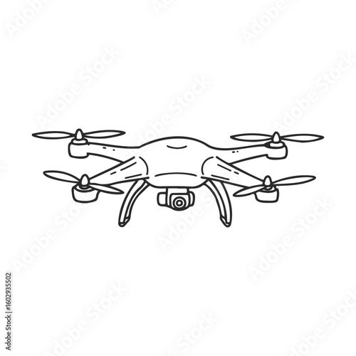 Quadcopter drone line art with camera and rotors – stock vector icon in line style