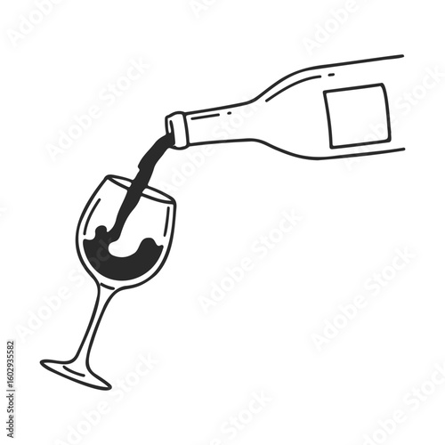 Simple black and white drawing of wine bottle pouring into glass – stock vector icon in line style