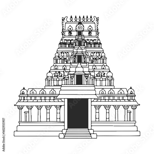 Black and white outline of a traditional hindu temple – stock vector icon in line style