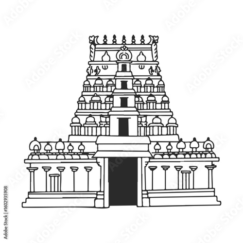 Intricately designed hindu temple with traditional dravidian architecture and ornate details – stock vector icon in line style