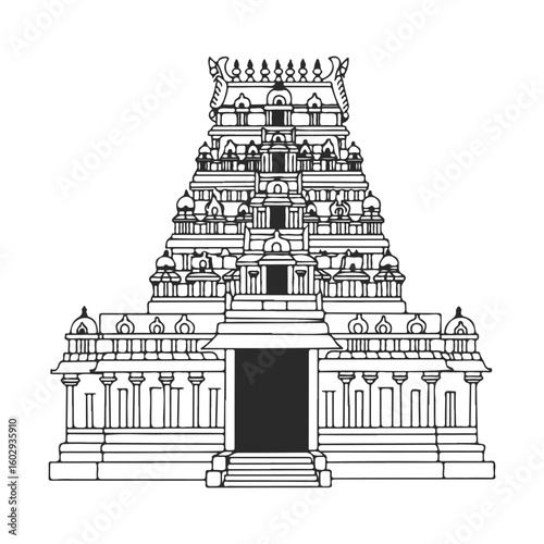 Intricate black and white illustration of traditional hindu temple architecture – stock vector icon in line style