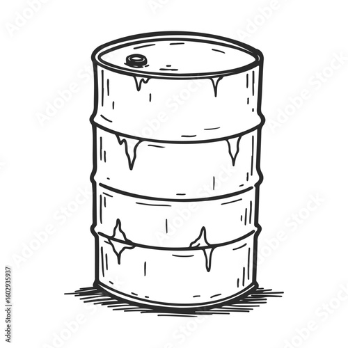 Hand-drawn oil barrel sketch in black and white – stock vector icon in line style