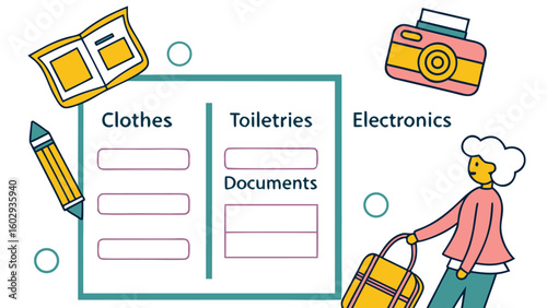 Illustration of a travel checklist with clothes toiletries electronics and documents categories shown clearly