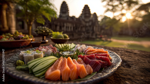 Sushi and sashimi platter at an outdoor restaurant with a temple in the background at sunset light