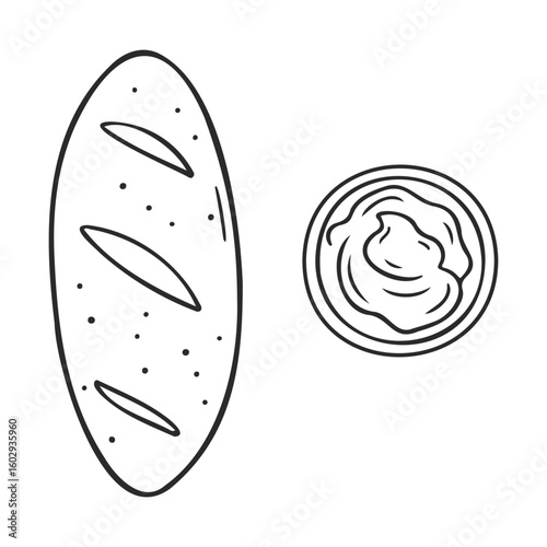 Baguette and bowl of spread - outline drawing of bread and dip duo – stock vector icon in line style