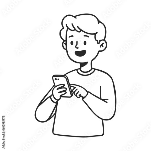 Young caucasian male teen cheerfully checking smartphone in black and white cartoon style – stock vector icon in line style