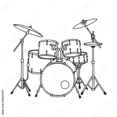 Minimalist black and white drum set illustration with cymbals and stands – stock vector icon in line style