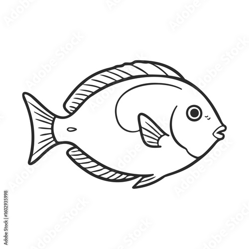 Outline drawing of a tropical fish with detailed fins and tail on white background – stock vector icon in line style