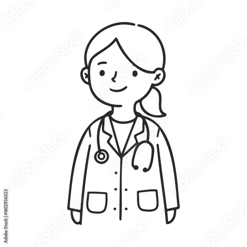 Female doctor cartoon character with stethoscope in medical attire – stock vector icon in line style