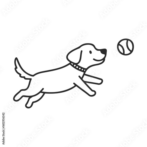 Outline of dog playing fetch with tennis ball – stock vector icon in line style