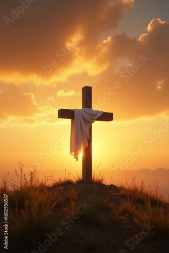 Wooden Cross with Cloth at Sunset on a Hilltop