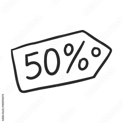 Black and white sketch of 50 percent off tag with hand-drawn style – stock vector icon in line style
