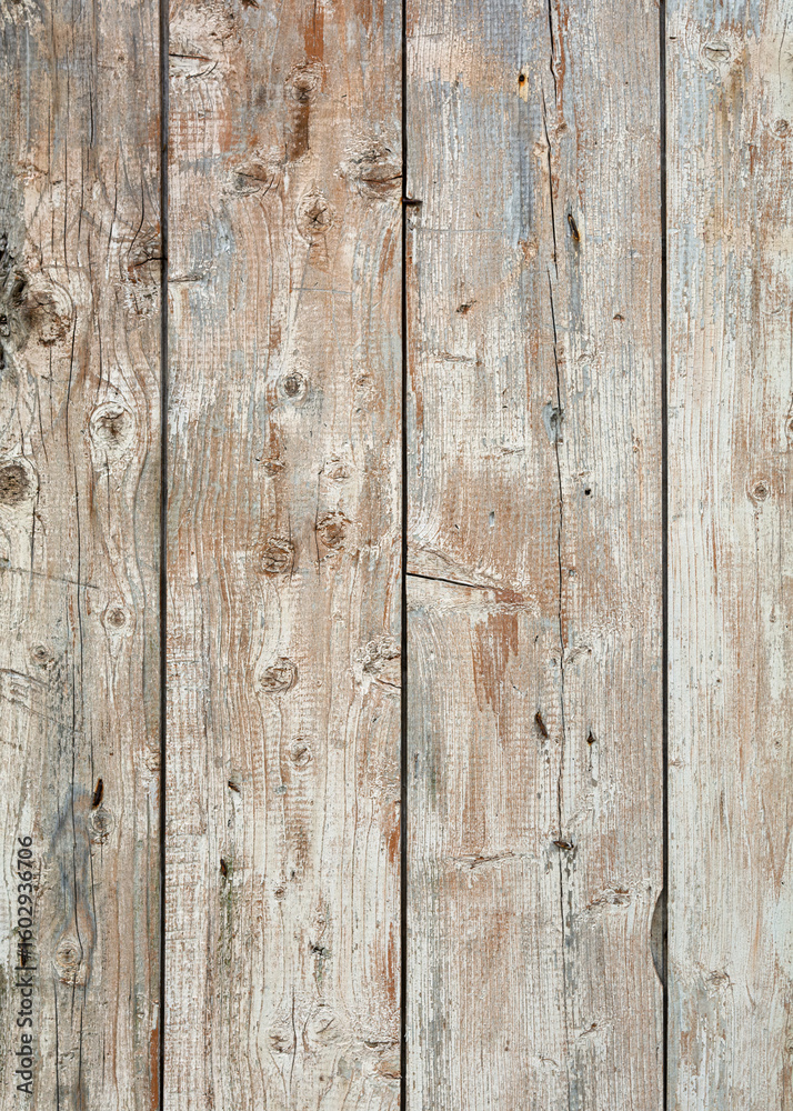 Fototapeta premium Weathered vertical wooden planks with peeling white paint form a rustic textured background, adding warmth and vintage character to any scene.