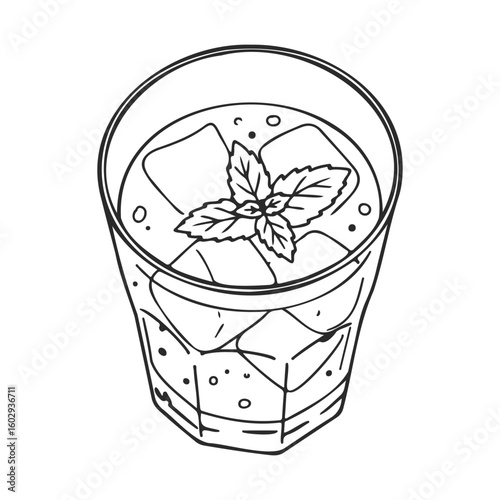 Mint-infused iced beverage in glass with ice cubes – stock vector icon in line style