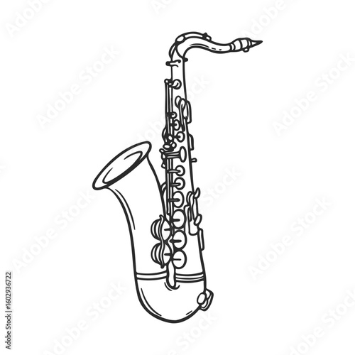Detailed black and white line art of a saxophone with musical elements – stock vector icon in line style