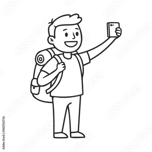 Cartoon hiker taking a selfie with smartphone – stock vector icon in line style