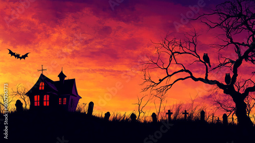 Spooky halloween scene with haunted house and bats at sunset