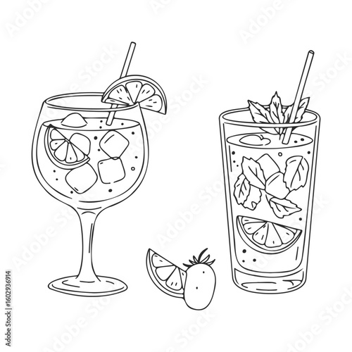 Hand-drawn cocktail illustrations with fresh garnishes and ice cubes – stock vector icon in line style