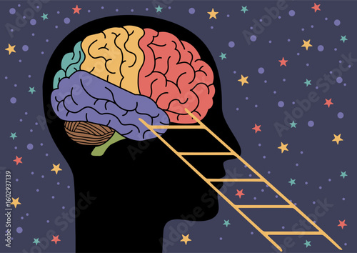 Human head silhouette with colorful brain and ladder reaching into starry sky. Concept of learning, imagination, development and aspirations.