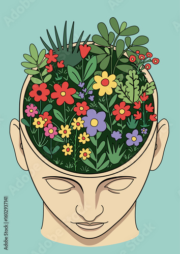 Human head with colorful flower and plant inside symbolizing mental health and growth. Wellness and mind healing.
