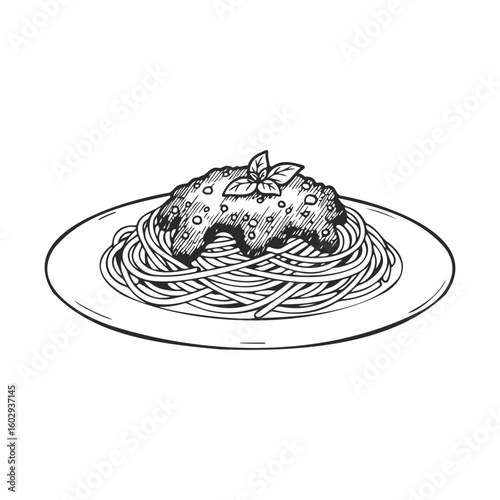 Black and white spaghetti with tomato sauce and basil on plate – stock vector icon in line style