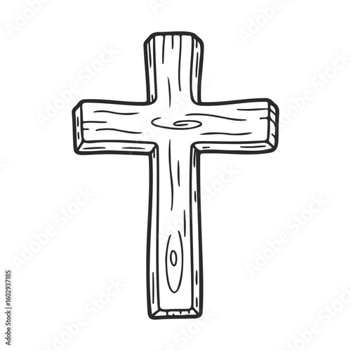 Hand-drawn wooden cross illustration on white background – stock vector icon in line style