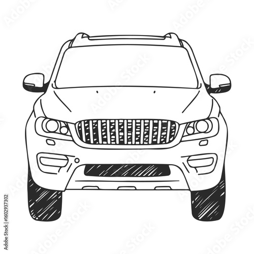 Black and white sketch of modern suv front view with detailed grille and headlights – stock vector icon in line style