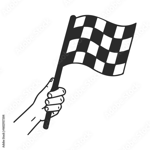 Hand holding checkered racing flag sketch in black and white vector art – stock vector icon in line style