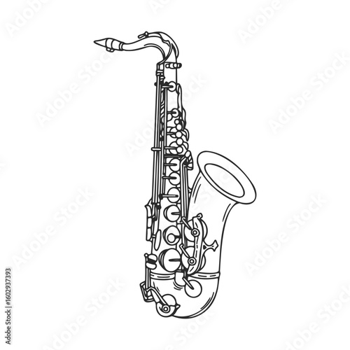 Detailed line drawing of a saxophone featuring intricate mechanical keys and curved horn – stock vector icon in line style