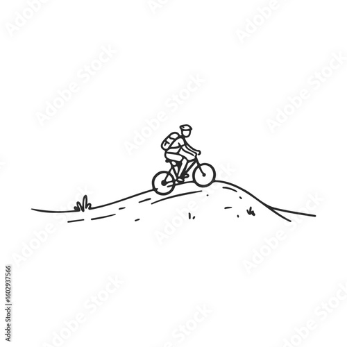 Cyclist on mountain bike journey in simple black and white illustration – stock vector icon in line style