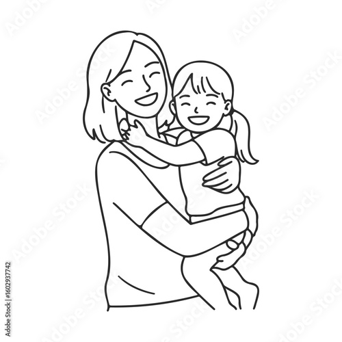 Smiling caucasian female adult hugging happy female child in line art style – stock vector icon in line style
