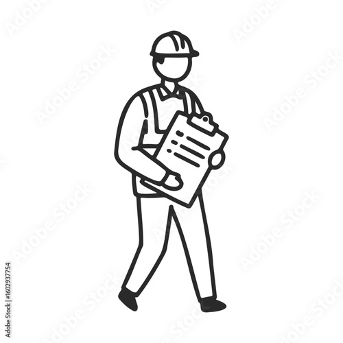 Line drawing of male construction worker holding clipboard – stock vector icon in line style
