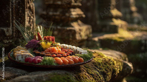 A colorful sushi platter arranged on a mossy stone surface near ancient temple ruins outside in nature
