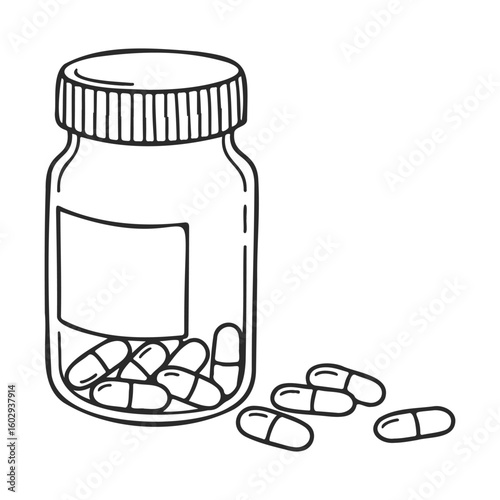 Sketch of medicine bottle with capsules spilling out – stock vector icon in line style