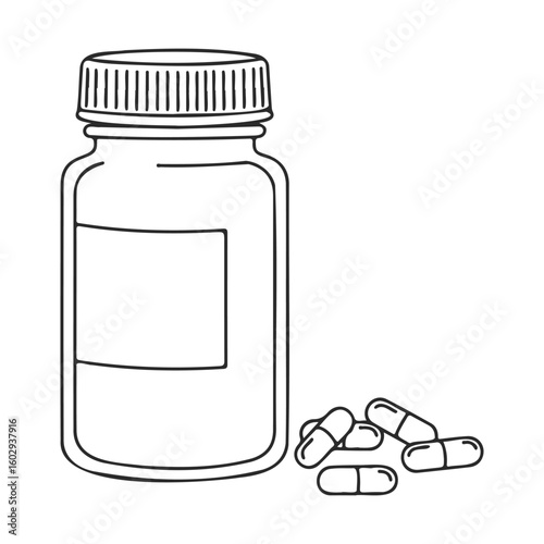 Outline drawing of a medicine bottle with capsules – stock vector icon in line style
