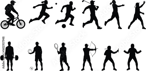 Silhouettes of athletes performing various sports activities, including cycling, soccer, tennis, archery, weightlifting, martial arts, fitness, and 