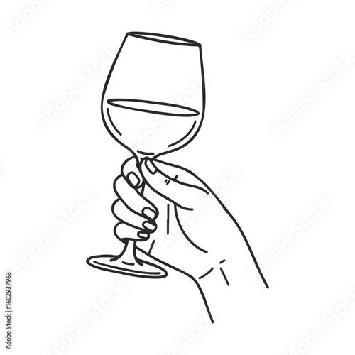Hand holding a wine glass in simple line art drawing with elegant design – stock vector icon in line style