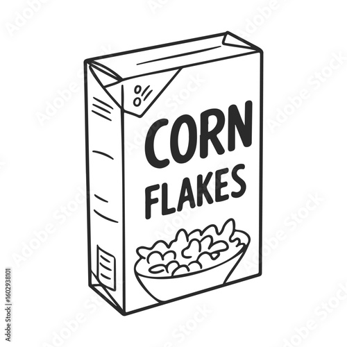 Hand-drawn corn flakes box illustration in black and white line art style – stock vector icon in line style