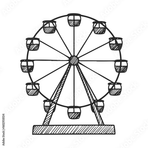 Hand-drawn ferris wheel sketch with gondolas in black and white – stock vector icon in line style