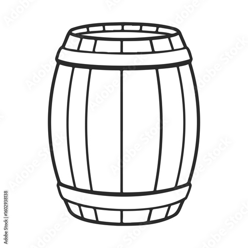 Wooden barrel outline with staves and hoops in black and white drawing – stock vector icon in line style