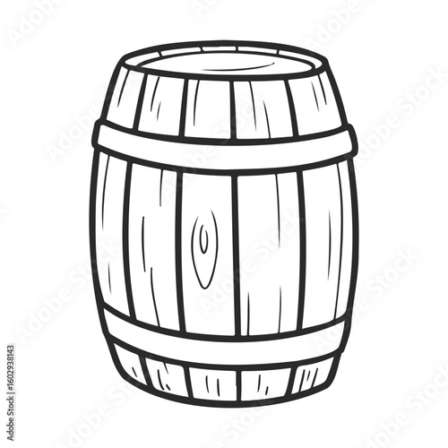 Wooden barrel illustration with black and white lined design – stock vector icon in line style