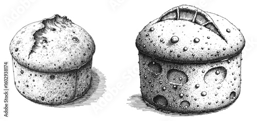 Vintage black pen sketch close up of two Italian sweet breads  