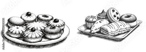 Vintage black pen sketch close up on tray of pastries  