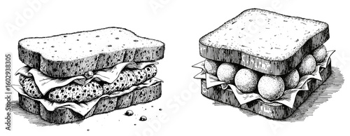 Vintage black pen sketch close up on sandwich with stuffing  